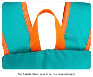 Close-up of top webbing handle and orange piping on turquoise nylon outdoor backpack