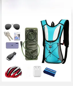 Sky blue cycling backpack with 2L water bladder and various outdoor gear storage space