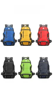 Outdoor 60L hiking backpack display showing six colors in waterproof nylon material