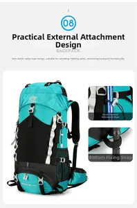 Detail view of 60L hiking backpack showing side elastic cords and trekking pole fasteners
