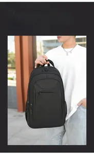 Macro shot of durable multi-compartment black nylon business travel backpack
