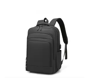 Detail showing side view of black backpack with USB charging port and breathable mesh strap