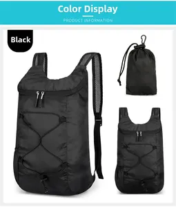 Detailed views of a black lightweight foldable outdoor backpack with storage pouch