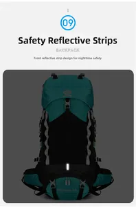 Detail of 60L hiking backpack showing safety reflective strips for night visibility
