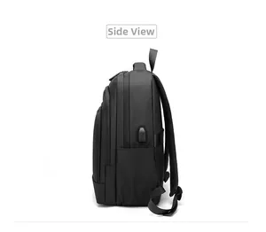 Side view of black laptop backpack with USB port and mesh water bottle pocket