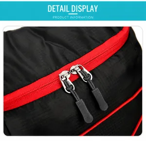Detail of tear-resistant black grid nylon fabric with red zippers and double metal pullers