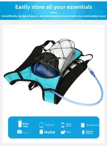 Outdoor hydration vest in blue and grey with water bladder and breathable mesh back