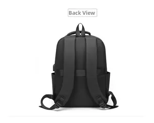 Back view of black business backpack showing padded straps and luggage trolley strap
