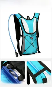 Detail of water-resistant cycling backpack showing the hydration tube and internal Velcro straps
