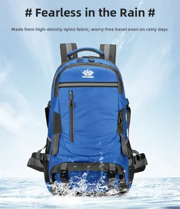 Waterproof blue 60L hiking backpack detail featuring high-density nylon fabric and straps