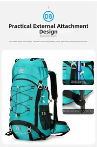 Detail view of the 60L hiking backpack showing the side trekking pole bungee system