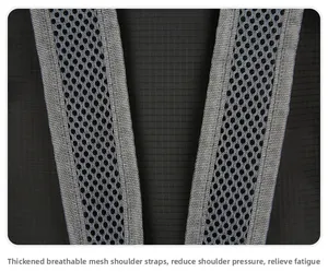 Close-up of thickened breathable mesh shoulder straps on a lightweight folding backpack