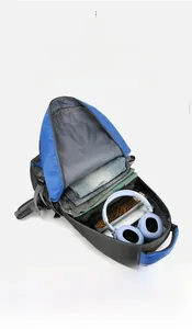 Detail showing the spacious main compartment of the 60L hiking backpack with blue fabric