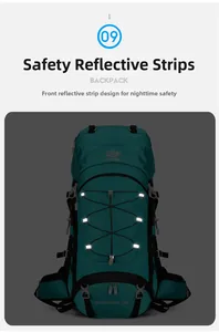 Detail view of 60L outdoor backpack showing safety reflective strips and elastic cords
