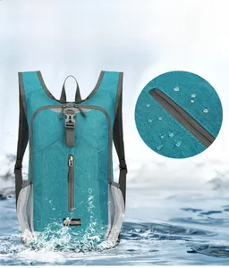 Detail view of waterproof high-density oxford fabric with water droplets on a teal backpack