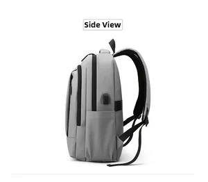 Side view of gray laptop backpack with USB charging port and breathable padded strap
