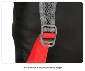 Detail view of durable buckle and adjustable mesh shoulder strap on the travel backpack