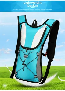 Detail view of lightweight blue hydration backpack with X-elastic cords and reflective strips
