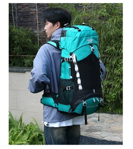 Detail view of a 60L waterproof hiking backpack featuring professional ergonomic strap systems