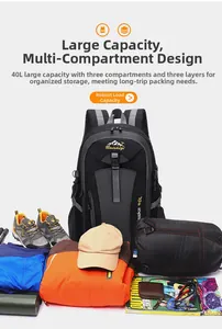 Detail showing 40L capacity of outdoor hiking backpack with three compartments for gear