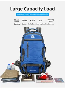 Detailed view of blue 60L hiking backpack showing large capacity and outdoor gear storage
