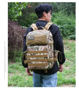 Detail view of CP camouflage tactical backpack with MOLLE system on outdoor model