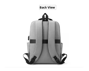 Back view of grey business backpack showing padded straps and luggage trolley strap