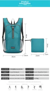 Détails du sac à dos déperlant bleu sarcelle montrant les dimensions plié et déplié