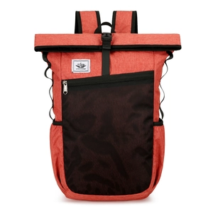 Waterproof foldable outdoor backpack with roll-top design and mesh pocket in orange grey