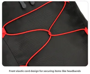 Detail of hiking backpack with black ripstop fabric and red elastic bungee cord system