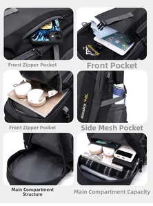 Detail shot of 40L hiking backpack showing multiple functional storage compartments