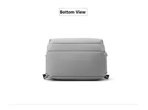 Flat bottom view of a light gray waterproof laptop backpack showing stitching details