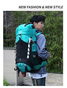 Outdoor model wearing a 60L waterproof hiking backpack in green and black color combination
