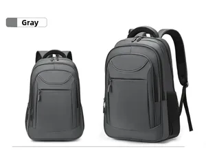 Front and back view of gray business backpacks in two sizes with laptop compartments