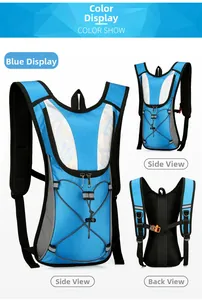 Detailed views of sky blue water-resistant cycling backpack with reflective safety strips
