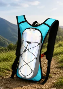 Detail of blue outdoor hydration pack with holographic panel and orange safety buckle