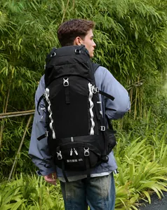 Outdoor 60L hiking backpack with adjustable white straps and Vanaheimr branding in nature