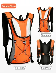Detailed views of orange hydration backpack showing breathable mesh back and bungee cords