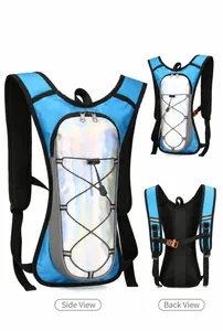 Blue hydration backpack with holographic reflective panels and breathable mesh straps