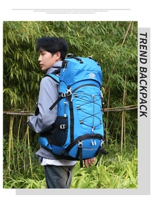 Close-up of blue 60L hiking backpack with ergonomic shoulder straps in outdoor forest
