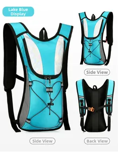 Detail view of the lake blue cycling backpack with reflective strips and breathable mesh back