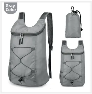 Foldable grey ultralight travel backpack with tear-resistant fabric and mesh straps