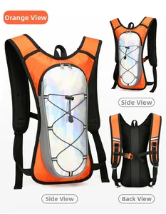 Detailed side and back view of orange cycling backpack with holographic reflective panels