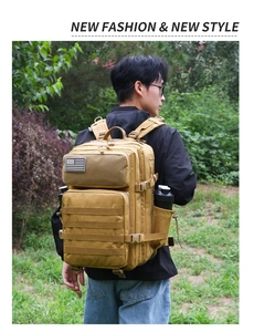 Detailed view of tactical backpack featuring MOLLE webbing and durable camouflage material