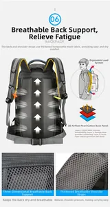 Detail of the 3D breathable back panel and padded straps on the 60L hiking backpack