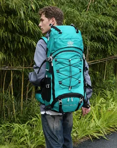 Detail of 60L outdoor hiking backpack with ergonomic straps and adjustable buckles