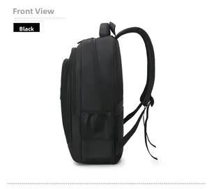 Side view of black commuter backpack with breathable padded straps and mesh side pocket