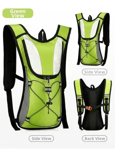 Three-view layout of water-resistant cycling backpack with reflective strips and breathable mesh