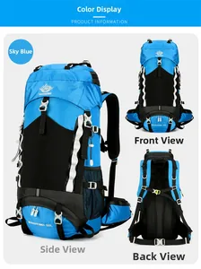 Detail view of 60L sky blue outdoor hiking backpack with multi-angle functional displays