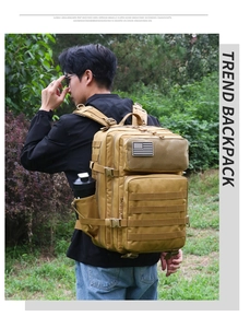 Close-up of khaki tactical backpack with MOLLE system and American flag patch